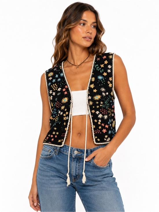Source Unknown Tops - Boho Floral Embroidered Tie Front Vest Medium Cottagecore Festival Top
